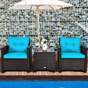 3 Pcs Patio Rattan Furniture Set Cushioned Conversation Set Coffee Table-Turquoise