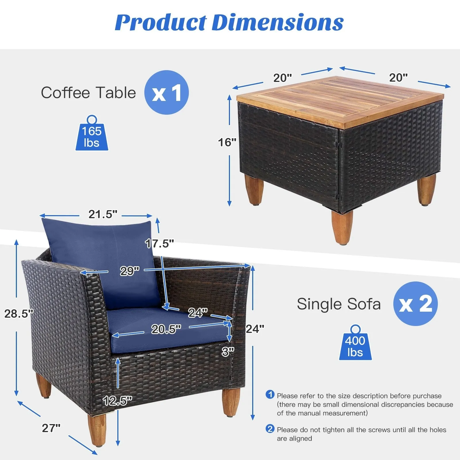 3pc Patio Rattan Furniture Set - Navy