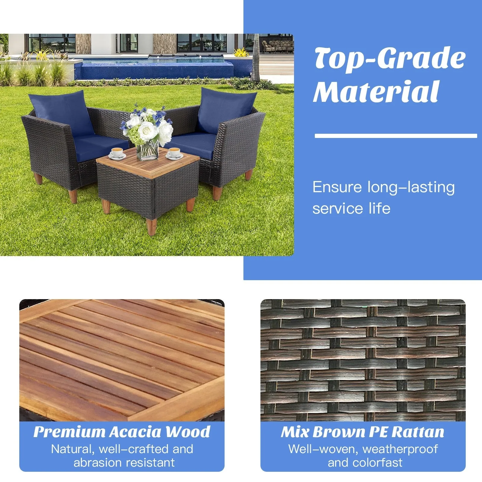 3pc Patio Rattan Furniture Set - Navy