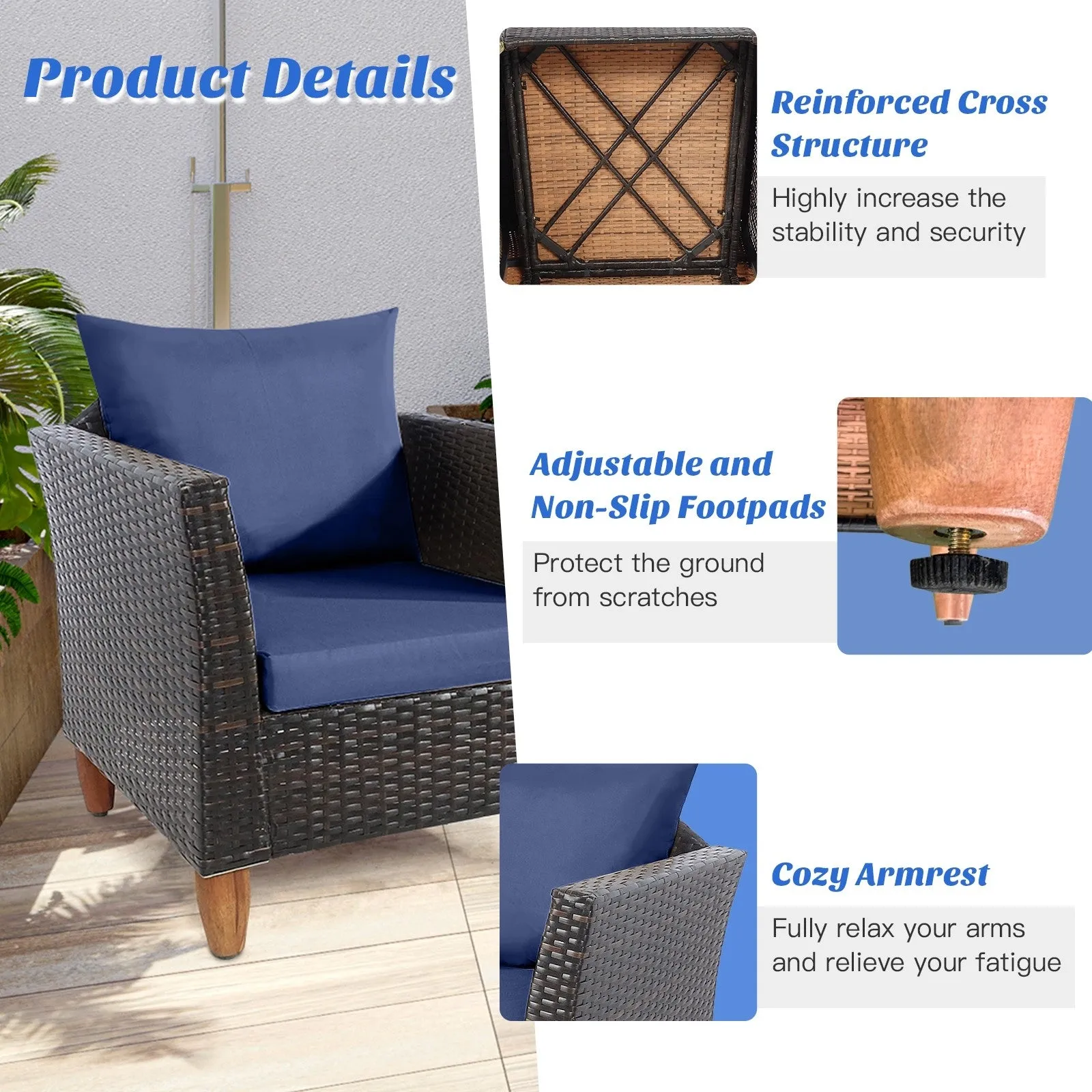 3pc Patio Rattan Furniture Set - Navy