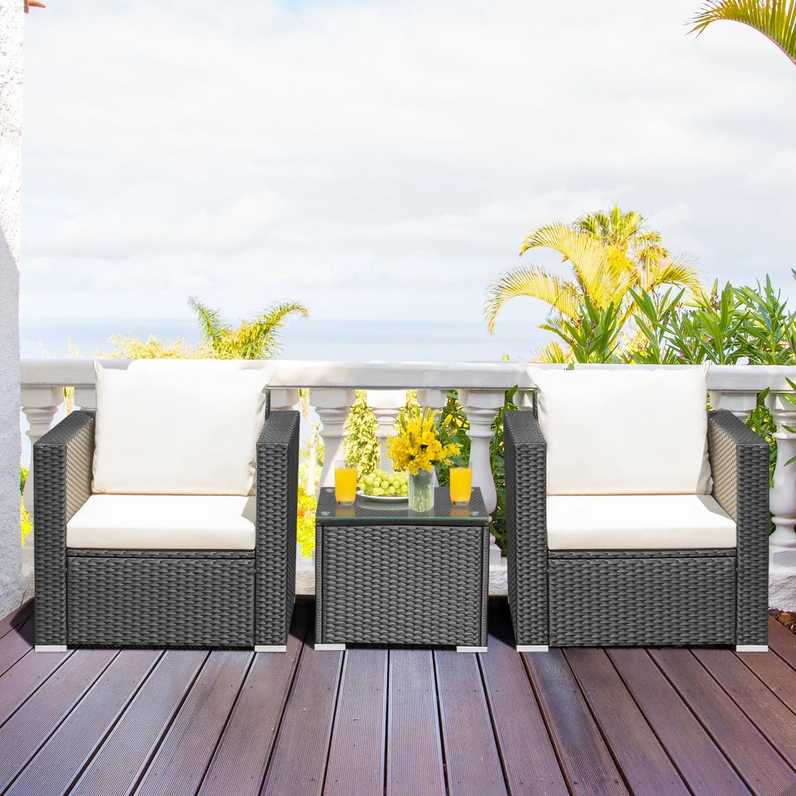 3pc Wicker Rattan Patio Conversation Set with Cushion - White