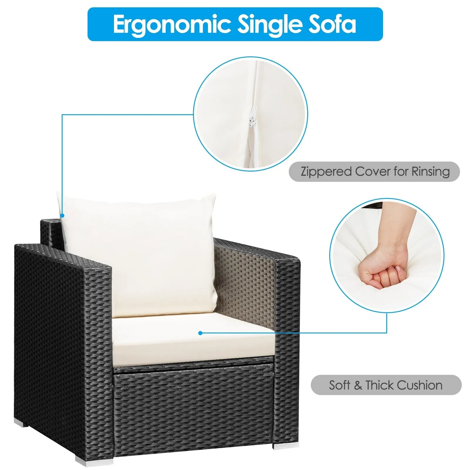 3pc Wicker Rattan Patio Conversation Set with Cushion - White
