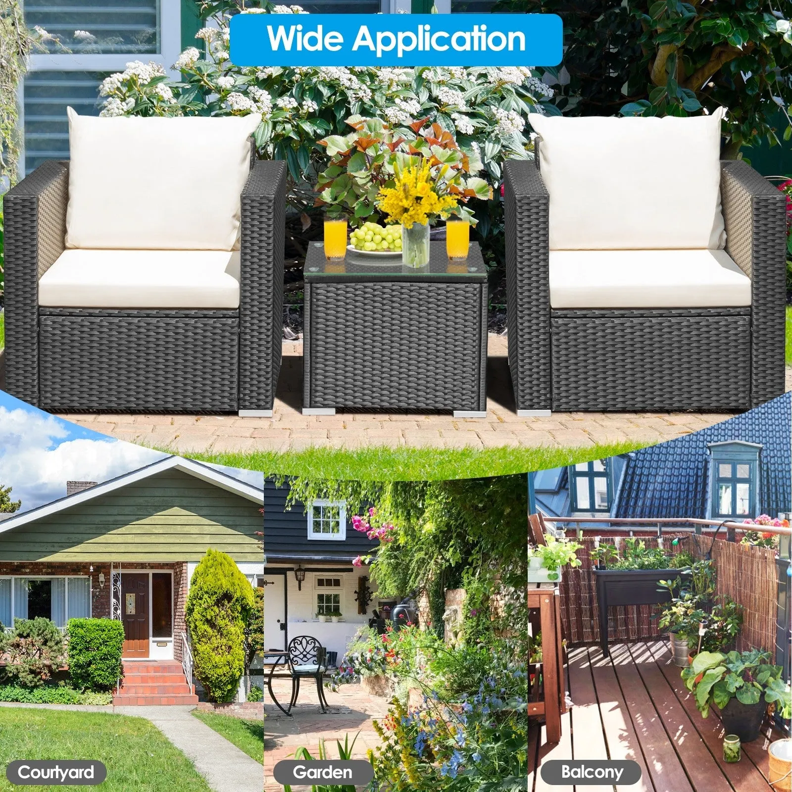 3pc Wicker Rattan Patio Conversation Set with Cushion - White