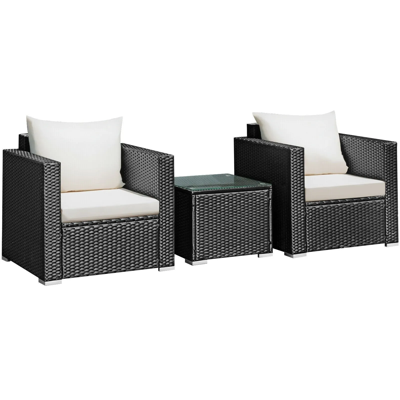 3pc Wicker Rattan Patio Conversation Set with Cushion - White