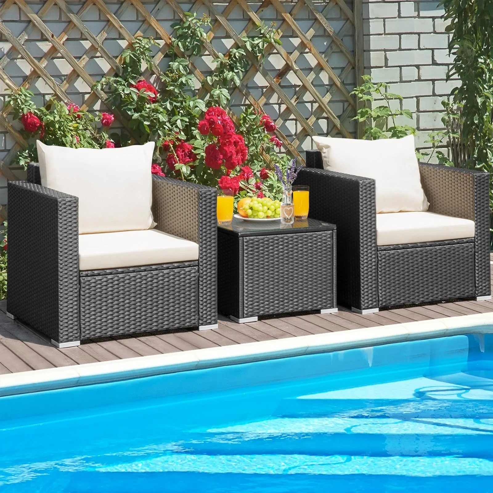 3pc Wicker Rattan Patio Conversation Set with Cushion - White