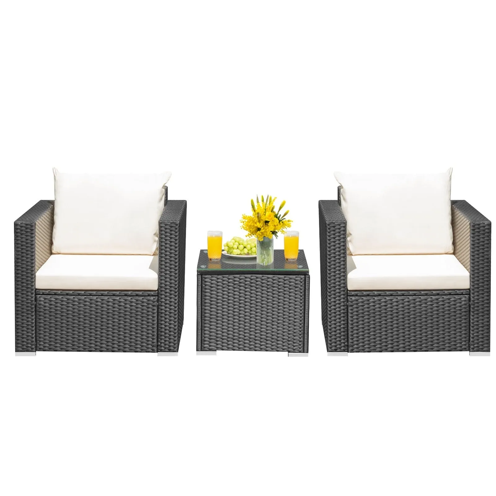 3pc Wicker Rattan Patio Conversation Set with Cushion - White
