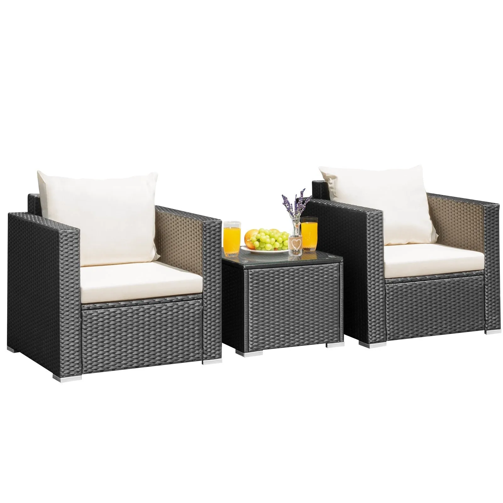 3pc Wicker Rattan Patio Conversation Set with Cushion - White