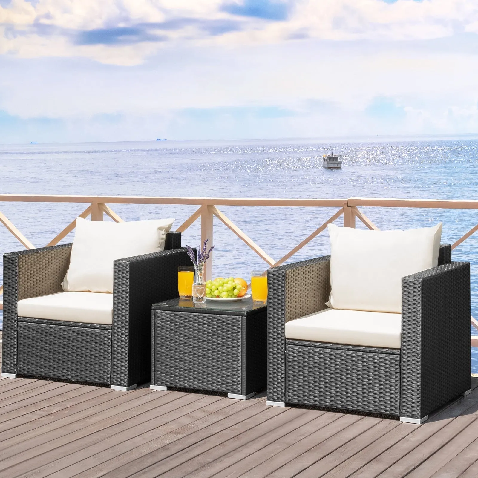 3pc Wicker Rattan Patio Conversation Set with Cushion - White