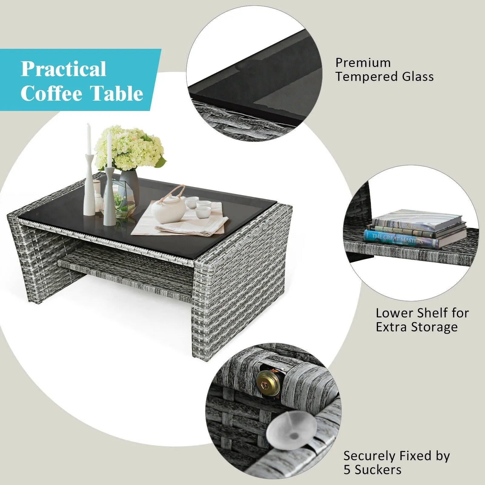 4pc Wicker Rattan Patio Furniture Set with Table - Turquoise