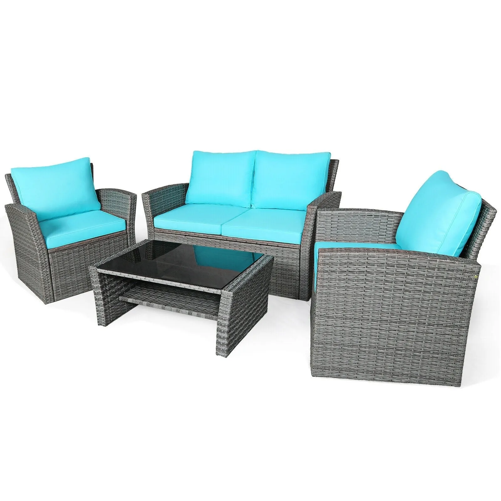 4pc Wicker Rattan Patio Furniture Set with Table - Turquoise