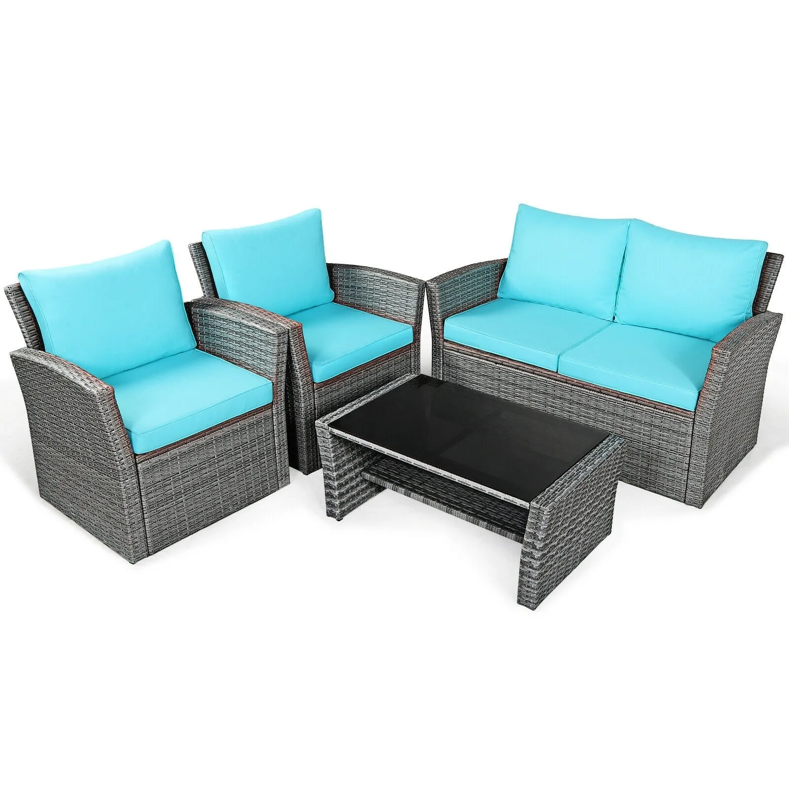 4pc Wicker Rattan Patio Furniture Set with Table - Turquoise