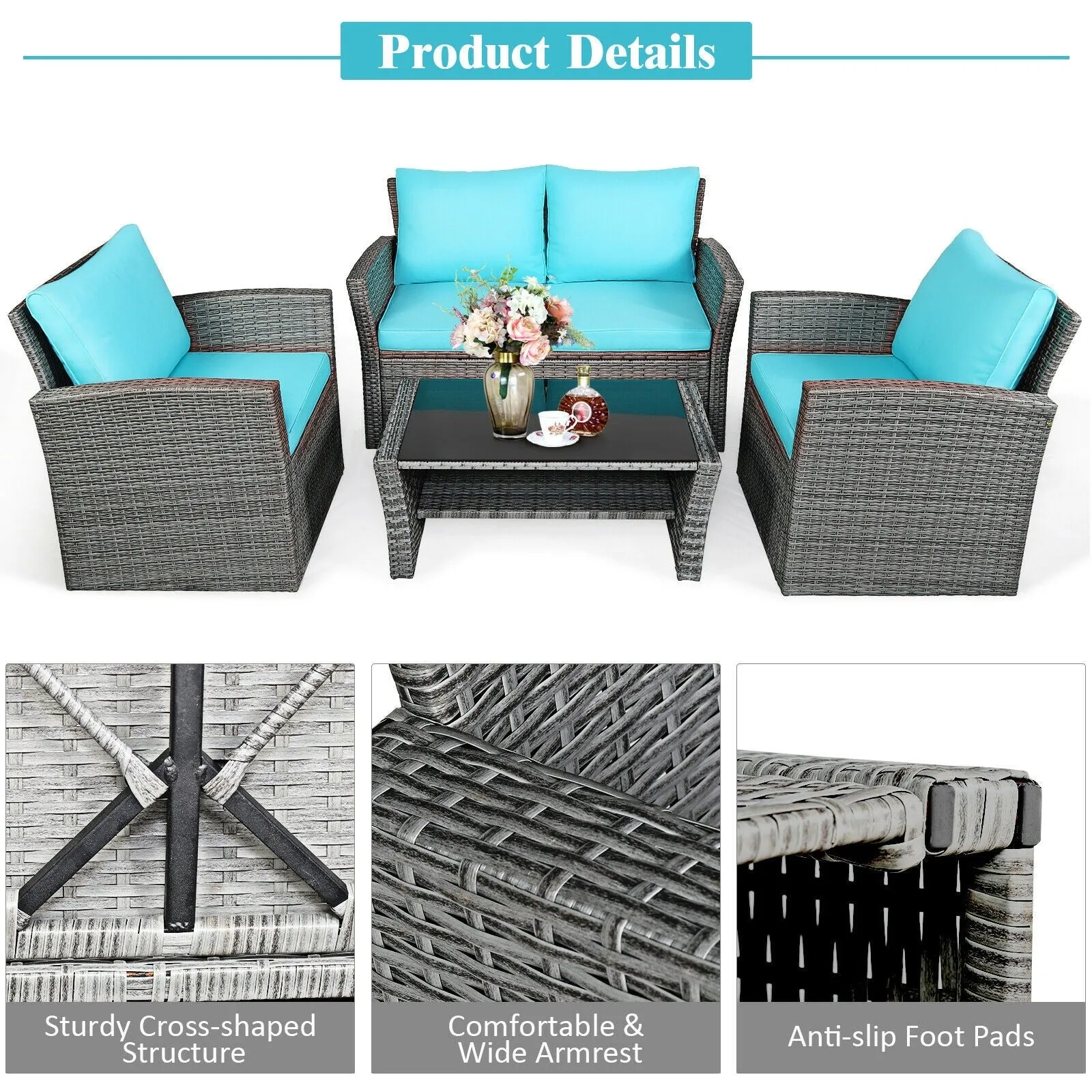 4pc Wicker Rattan Patio Furniture Set with Table - Turquoise