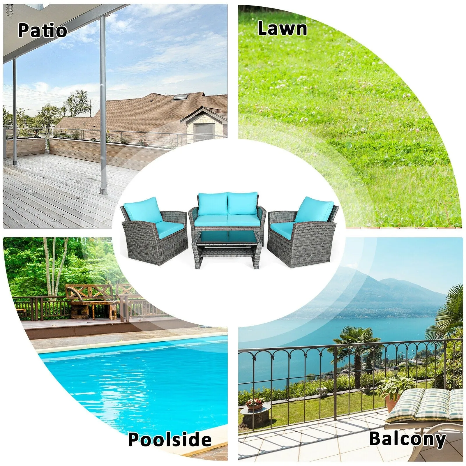 4pc Wicker Rattan Patio Furniture Set with Table - Turquoise