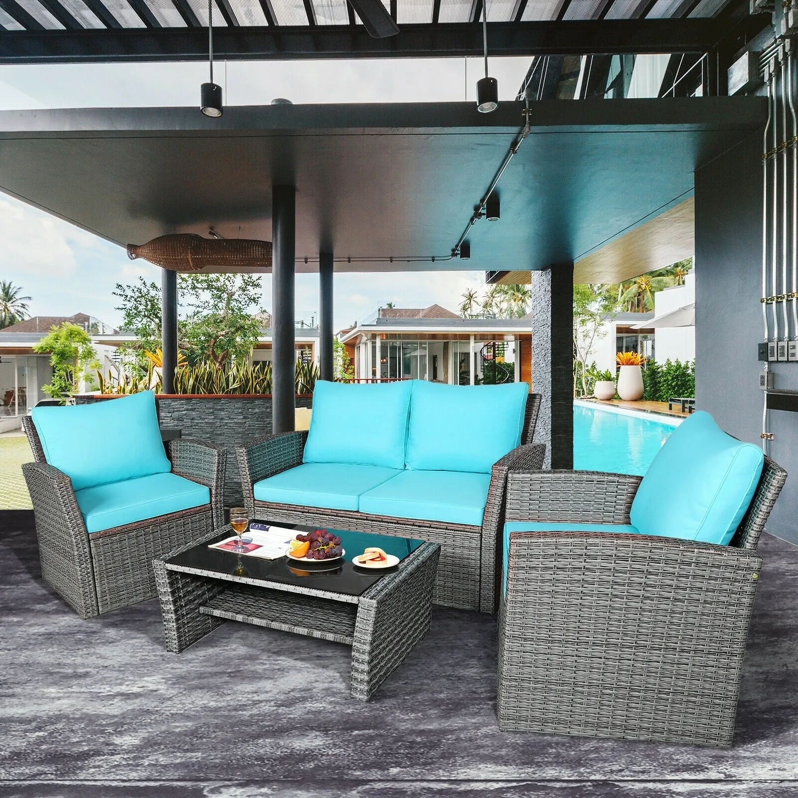4pc Wicker Rattan Patio Furniture Set with Table - Turquoise