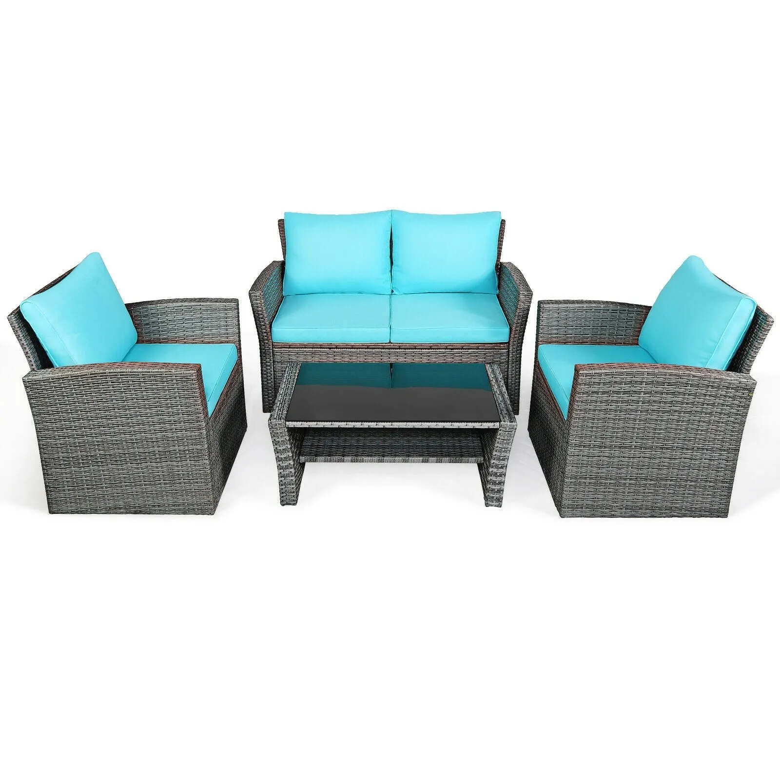 4pc Wicker Rattan Patio Furniture Set with Table - Turquoise