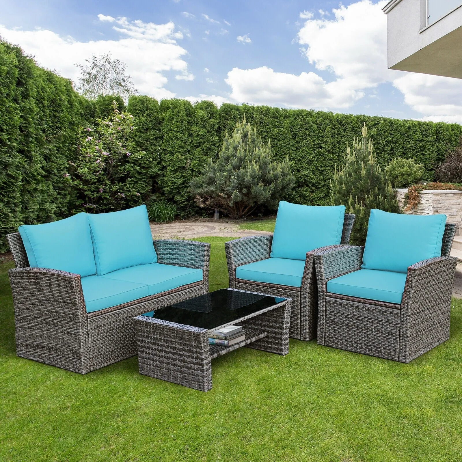 4pc Wicker Rattan Patio Furniture Set with Table - Turquoise