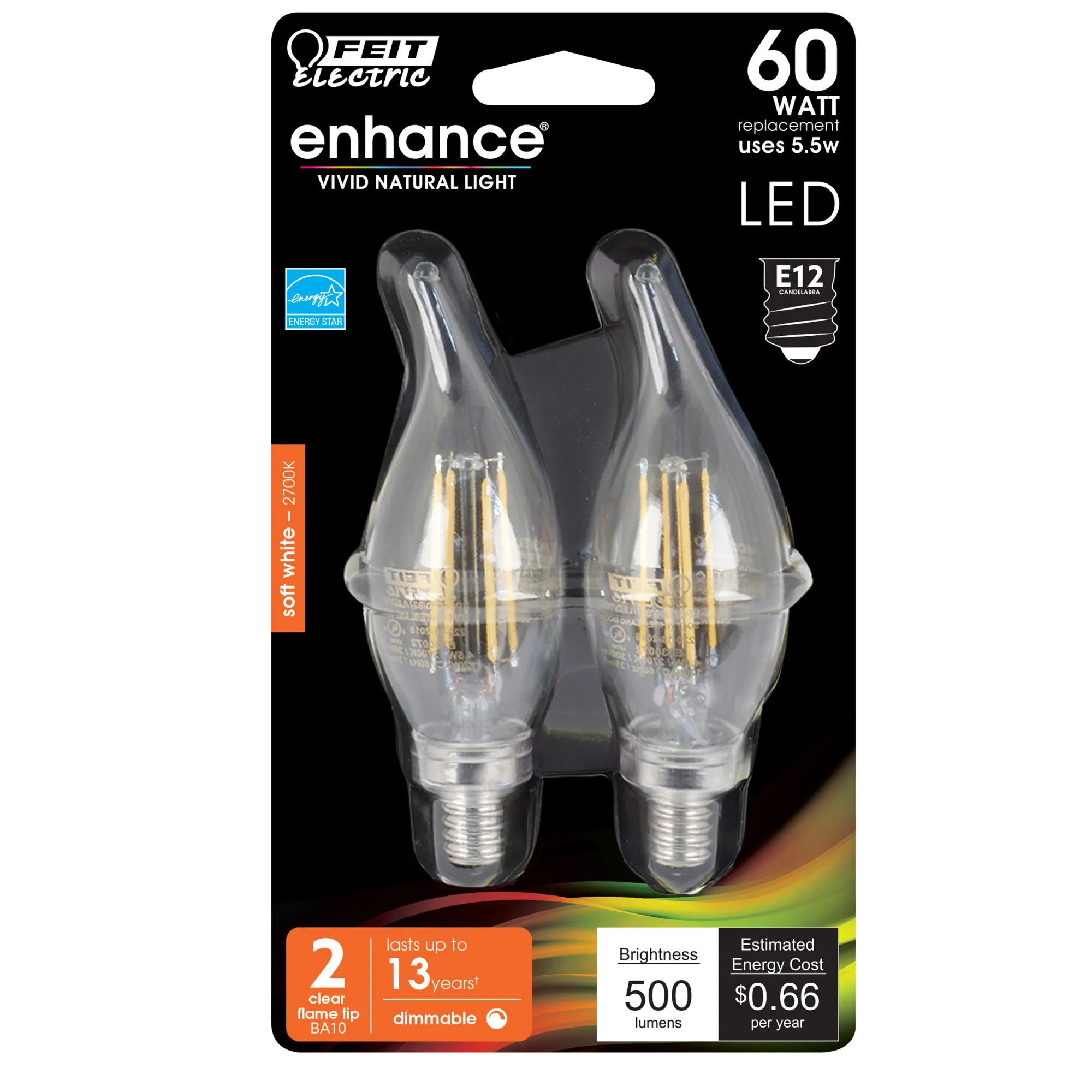 5.5W (60W Replacement) Soft White (2700K) Clear Flame Tip Filament LED Light Bulb (2-Pack)