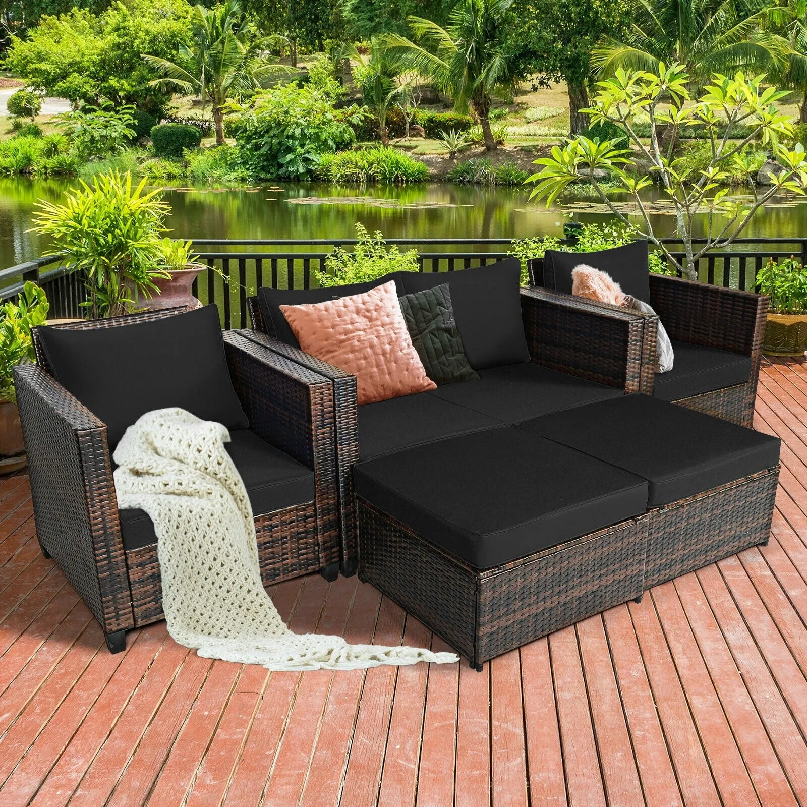 5pc Wicker Rattan Patio Cushioned Furniture Set - Black