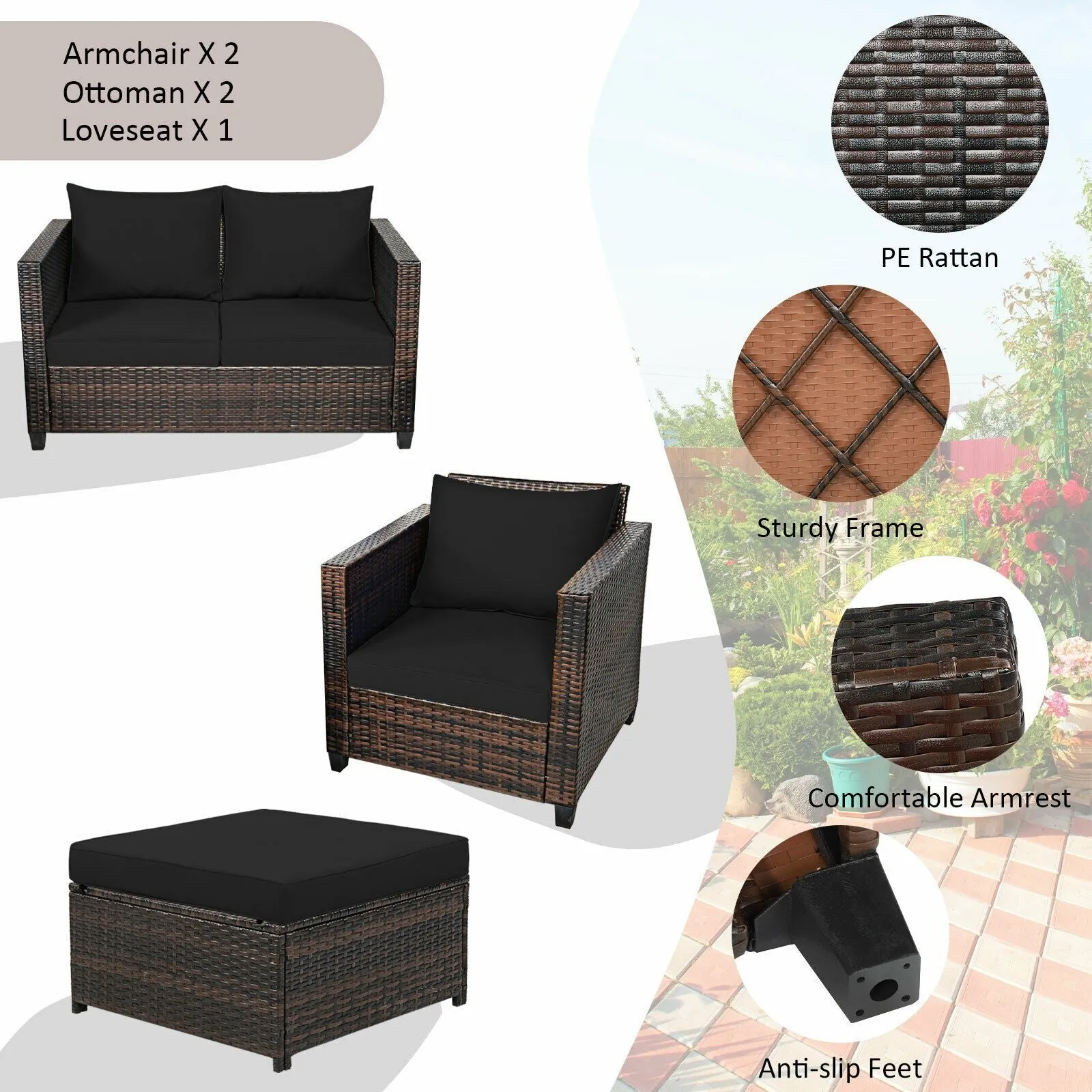 5pc Wicker Rattan Patio Cushioned Furniture Set - Black