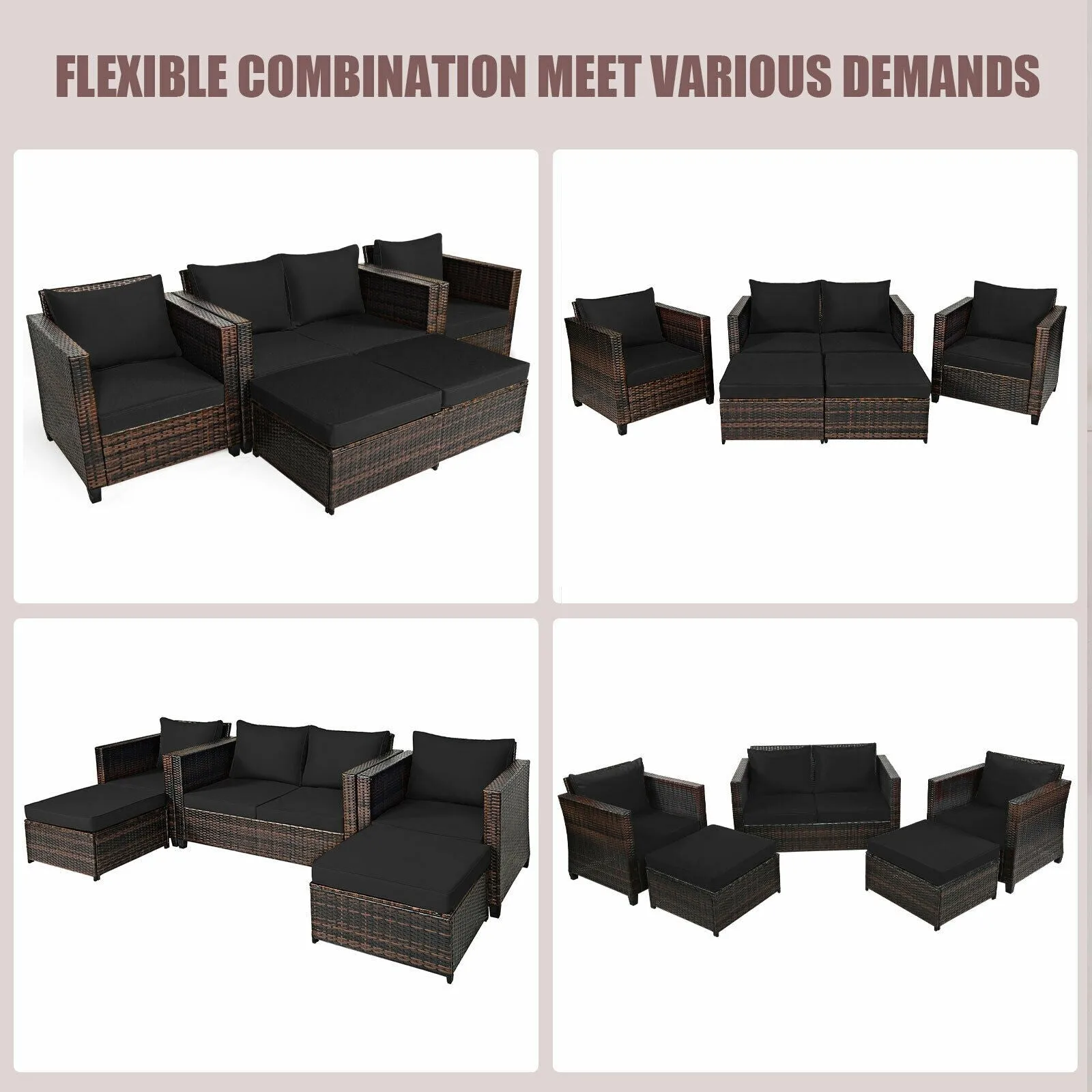 5pc Wicker Rattan Patio Cushioned Furniture Set - Black