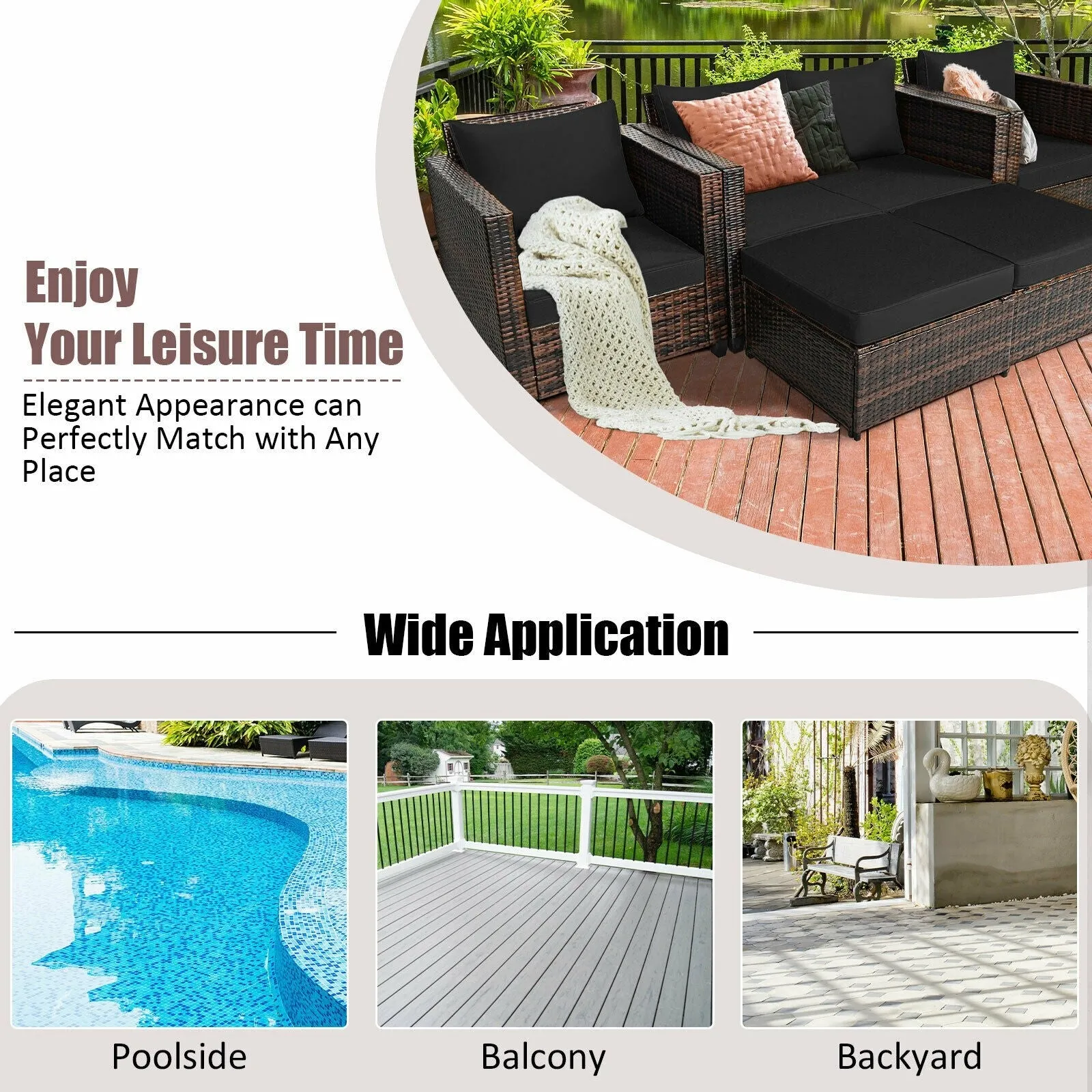 5pc Wicker Rattan Patio Cushioned Furniture Set - Black