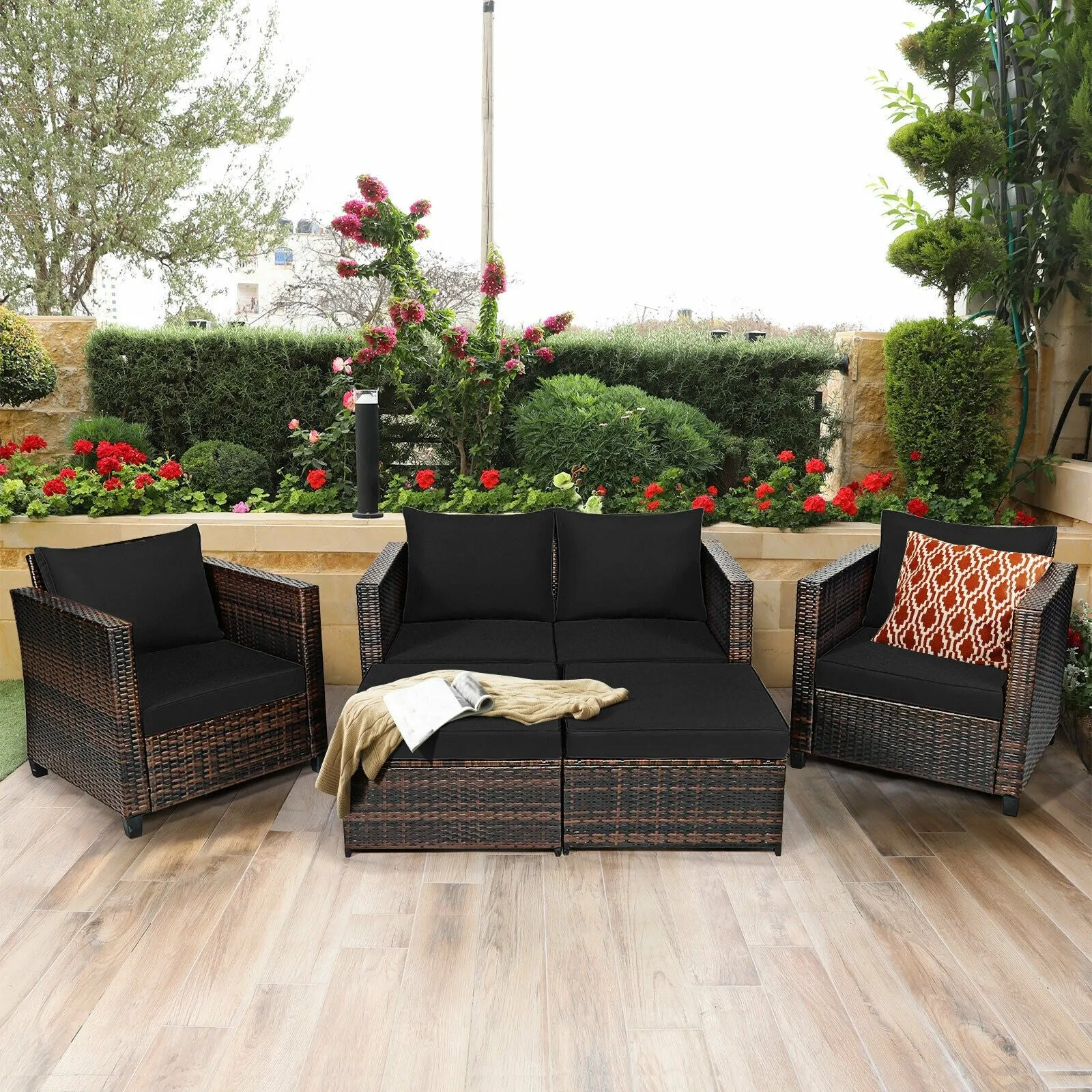 5pc Wicker Rattan Patio Cushioned Furniture Set - Black