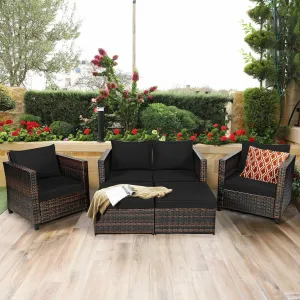 5pc Wicker Rattan Patio Cushioned Furniture Set - Black