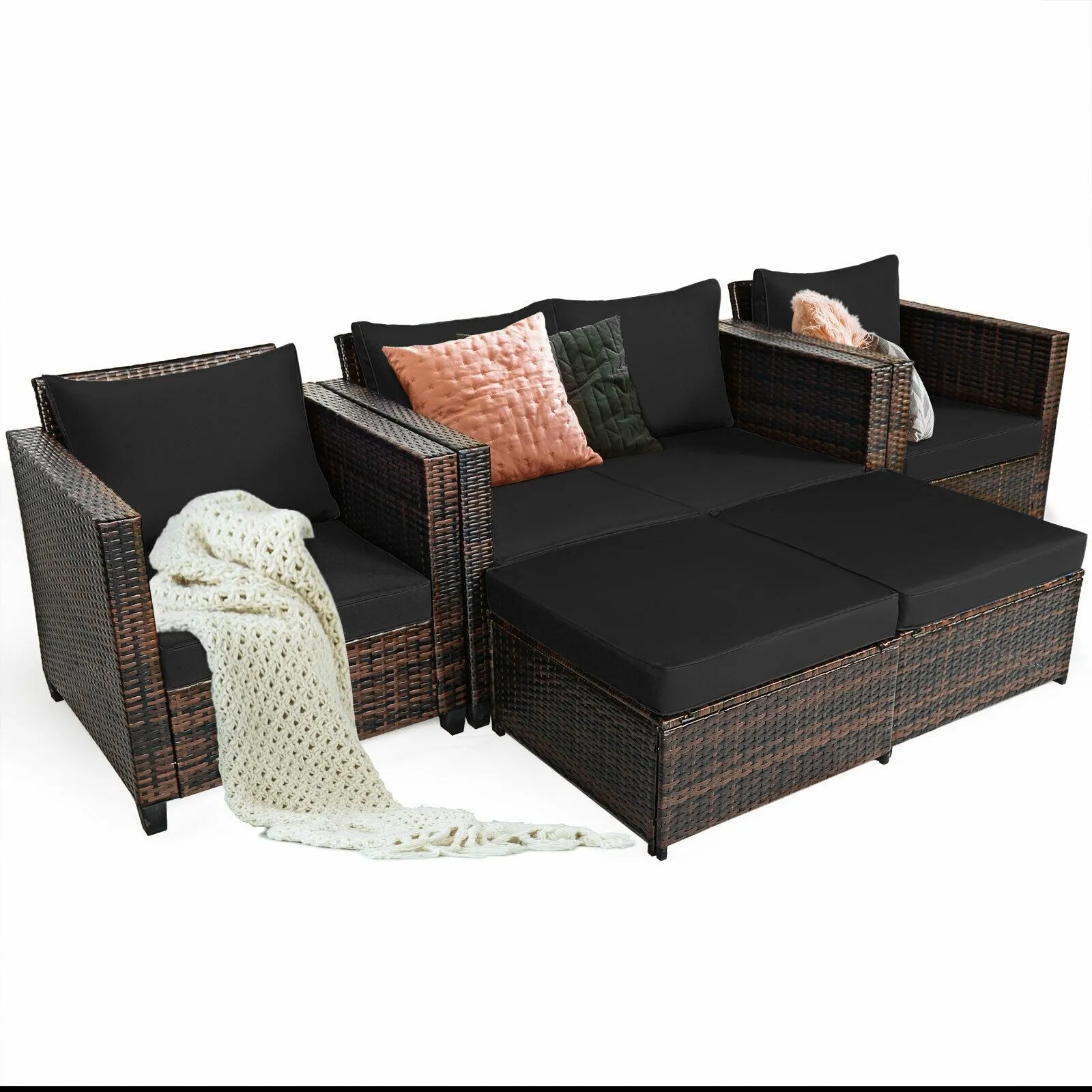 5pc Wicker Rattan Patio Cushioned Furniture Set - Black