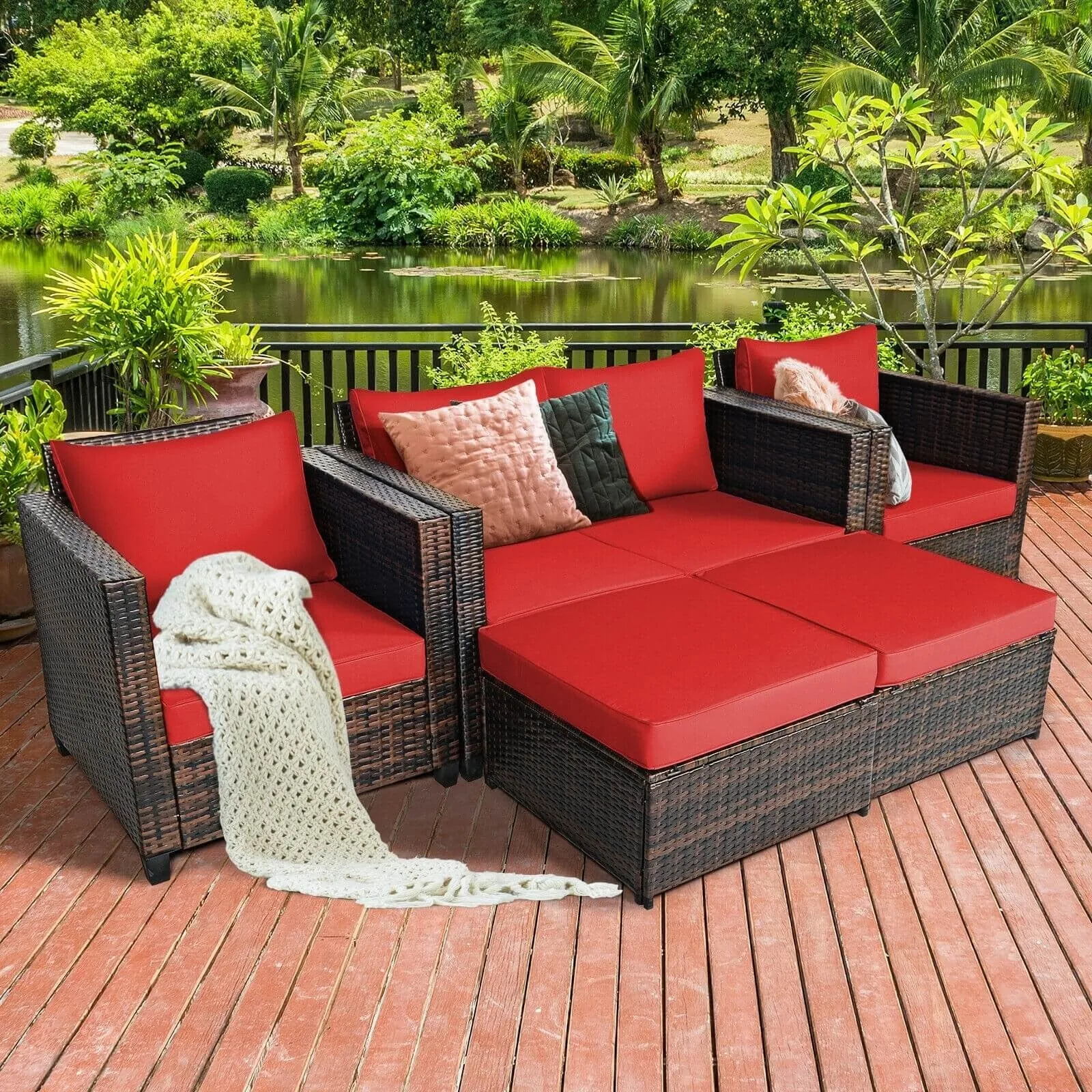 5pc Wicker Rattan Patio Cushioned Furniture Set - Red