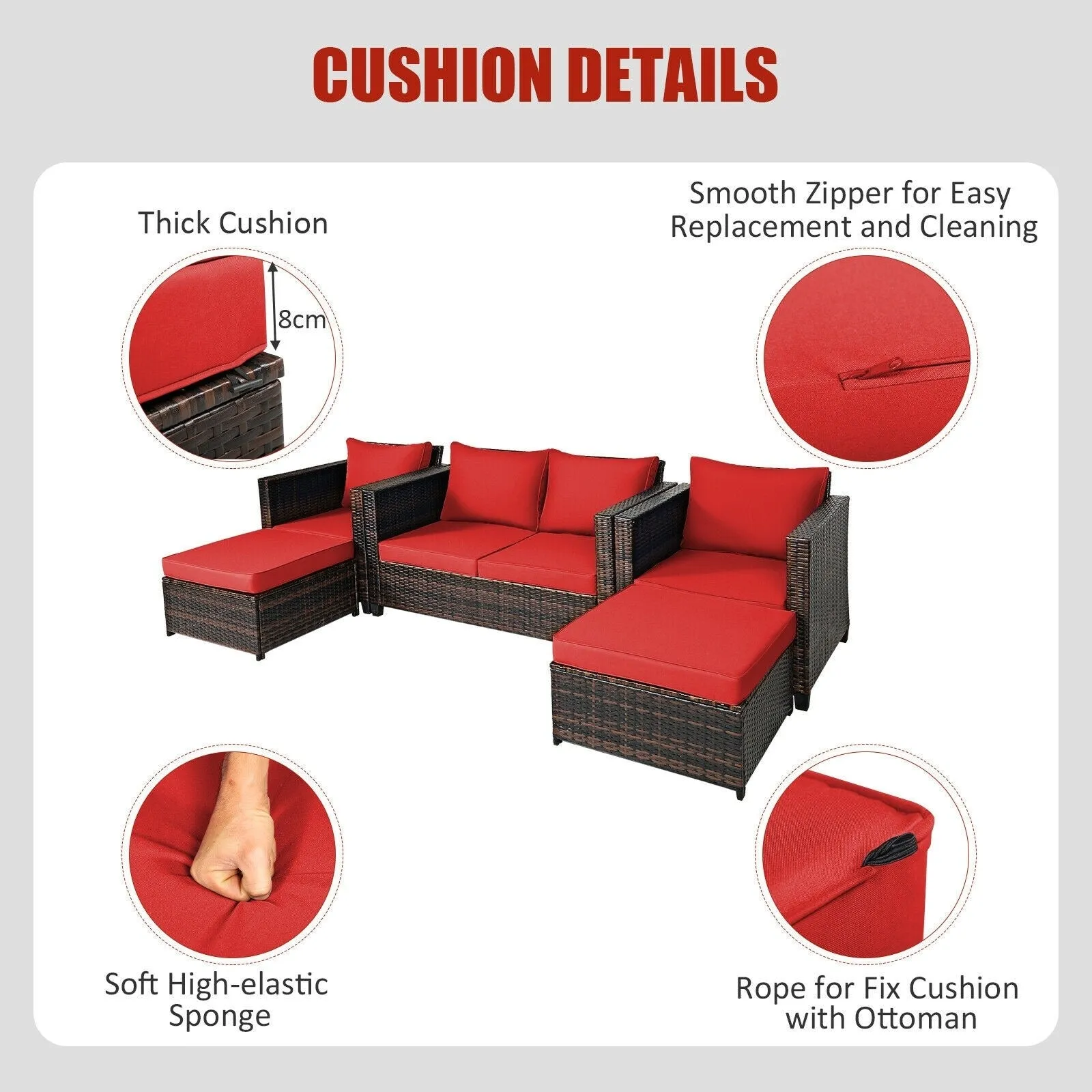 5pc Wicker Rattan Patio Cushioned Furniture Set - Red