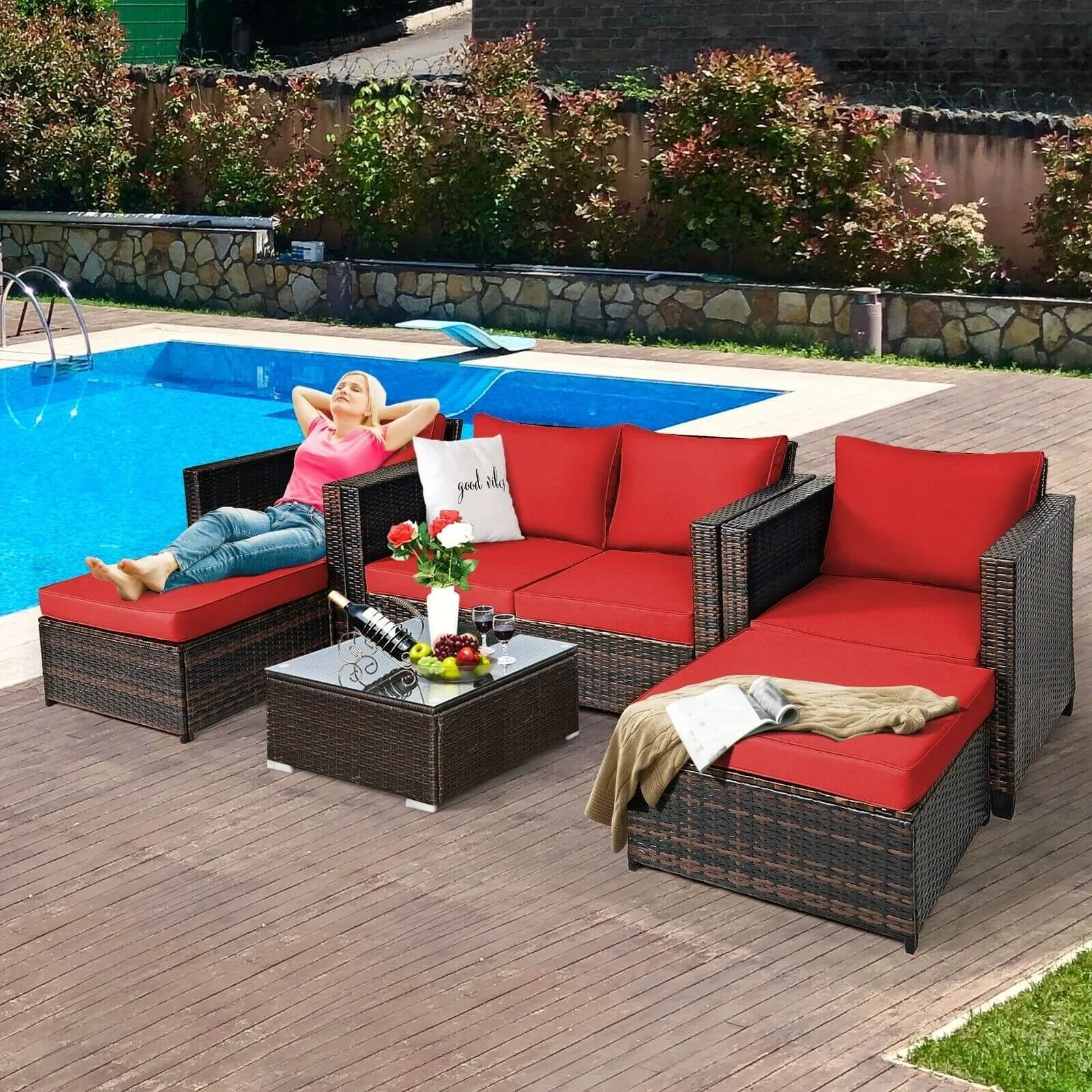 5pc Wicker Rattan Patio Cushioned Furniture Set - Red