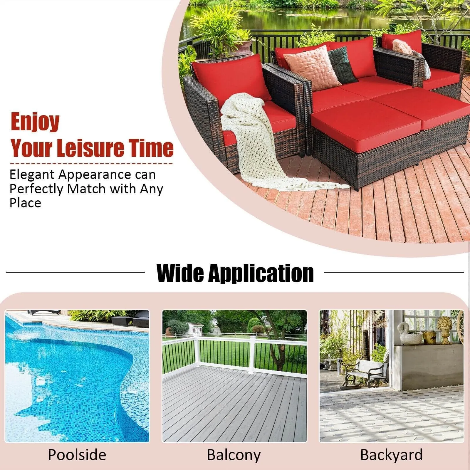 5pc Wicker Rattan Patio Cushioned Furniture Set - Red