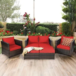 5pc Wicker Rattan Patio Cushioned Furniture Set - Red