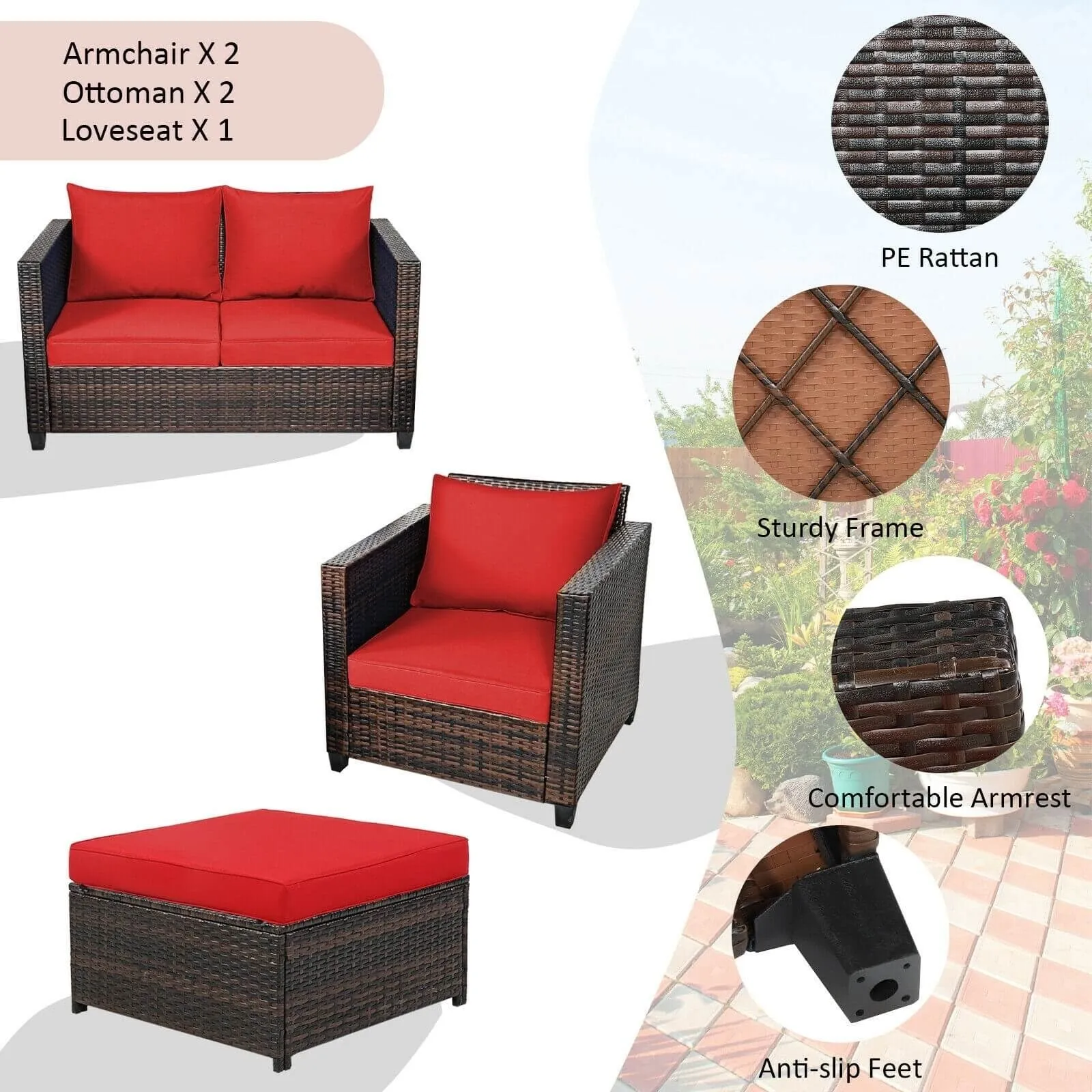 5pc Wicker Rattan Patio Cushioned Furniture Set - Red