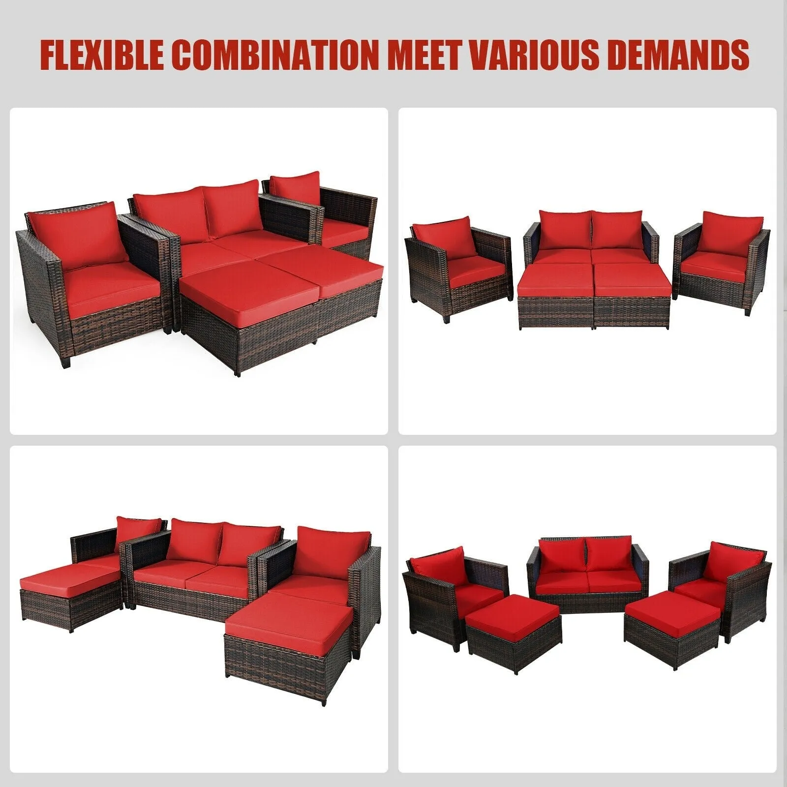 5pc Wicker Rattan Patio Cushioned Furniture Set - Red