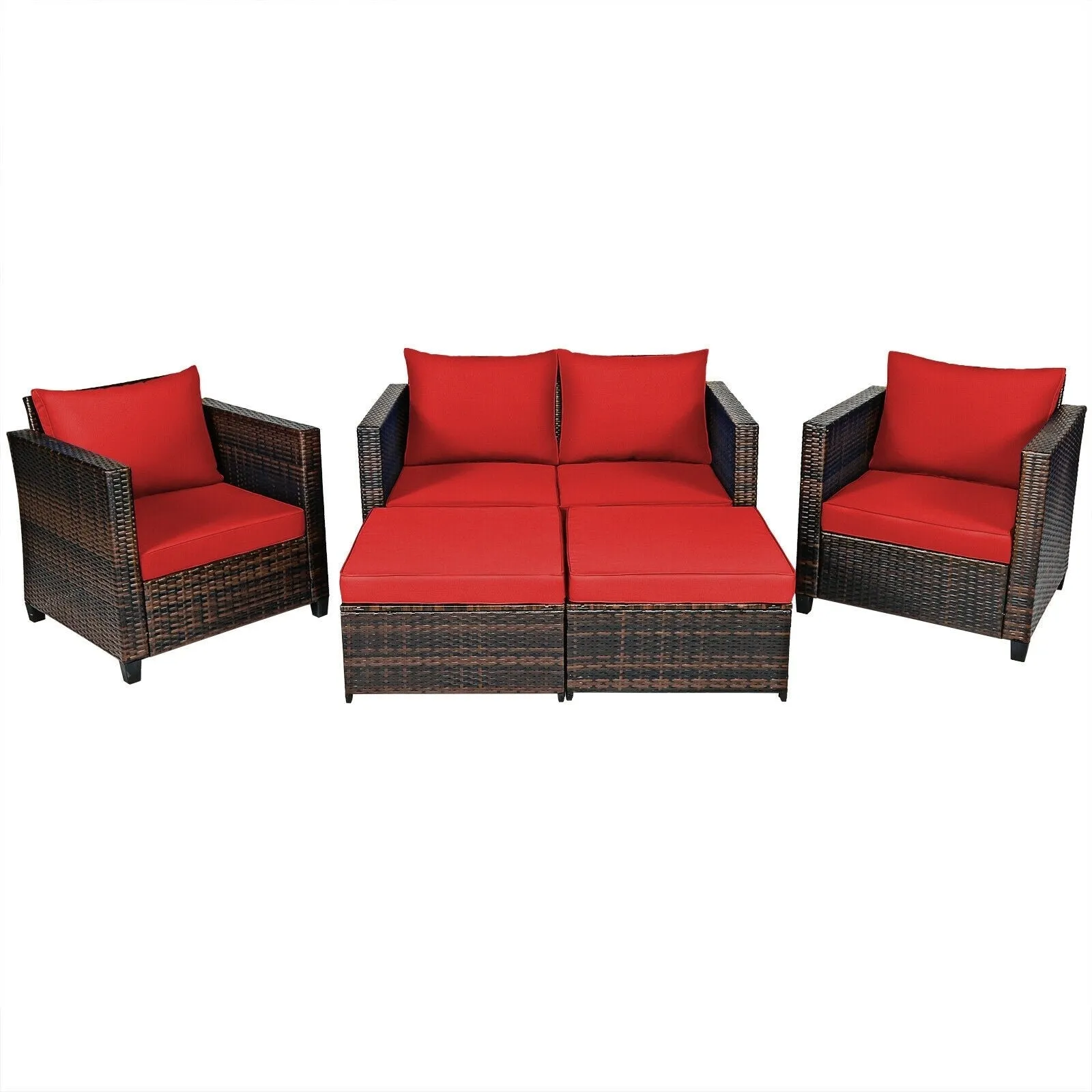 5pc Wicker Rattan Patio Cushioned Furniture Set - Red