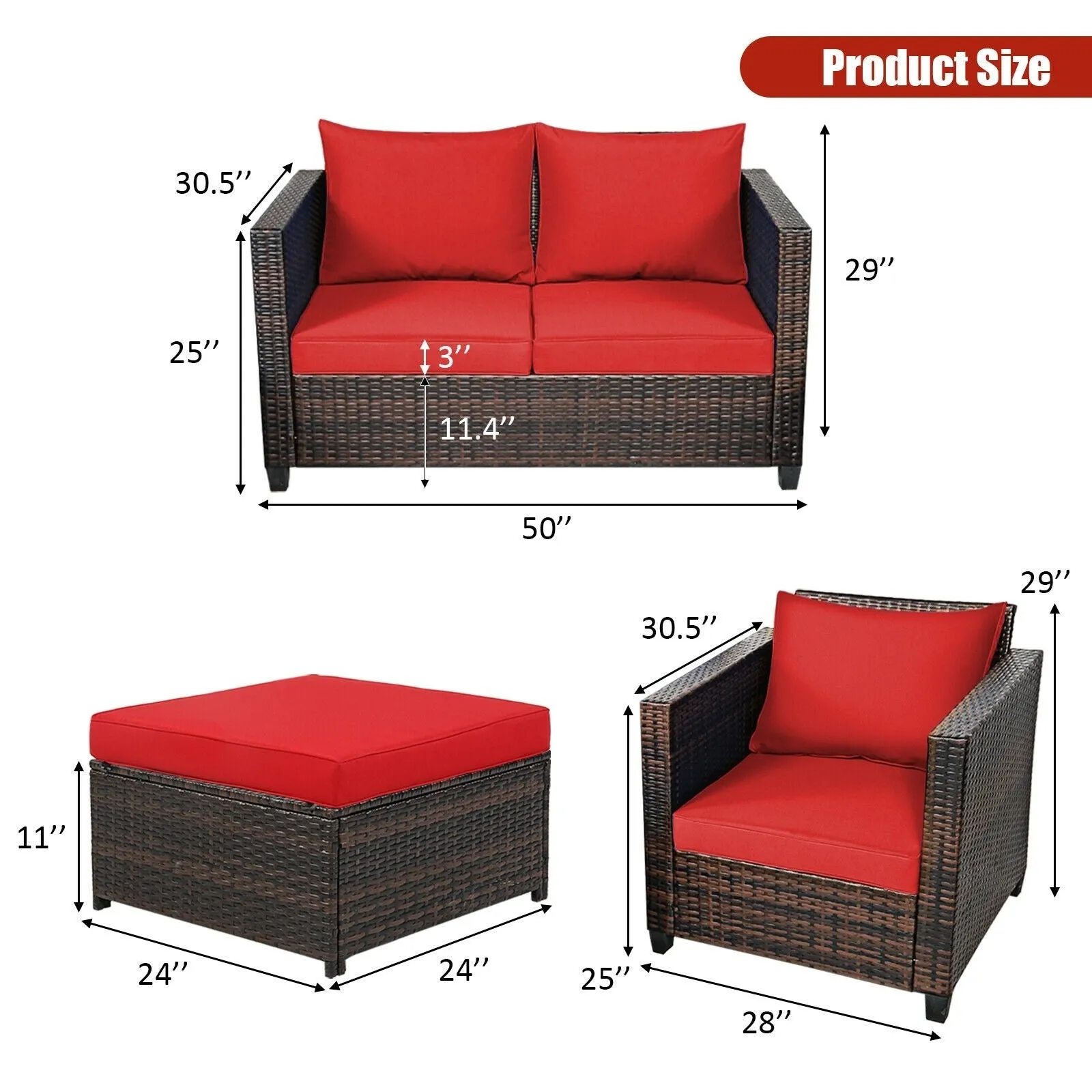 5pc Wicker Rattan Patio Cushioned Furniture Set - Red