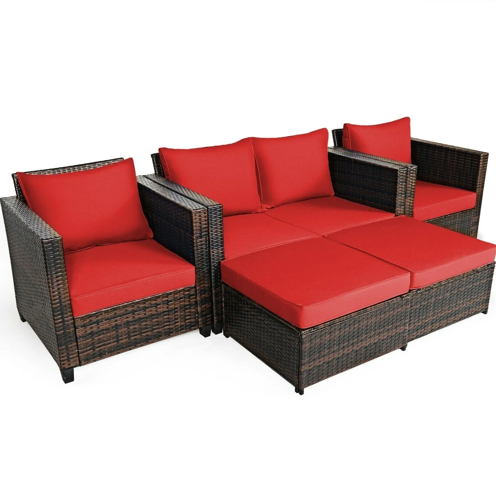 5pc Wicker Rattan Patio Cushioned Furniture Set - Red
