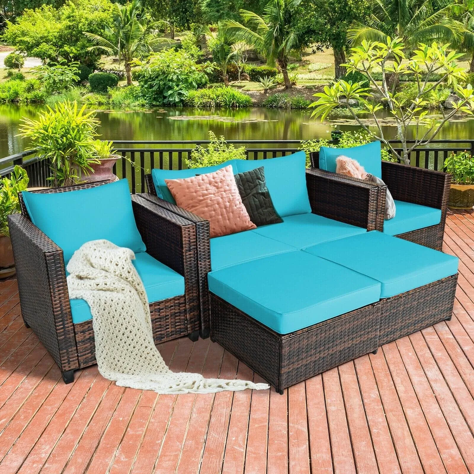 5pc Wicker Rattan Patio Cushioned Furniture Set - Turquoise