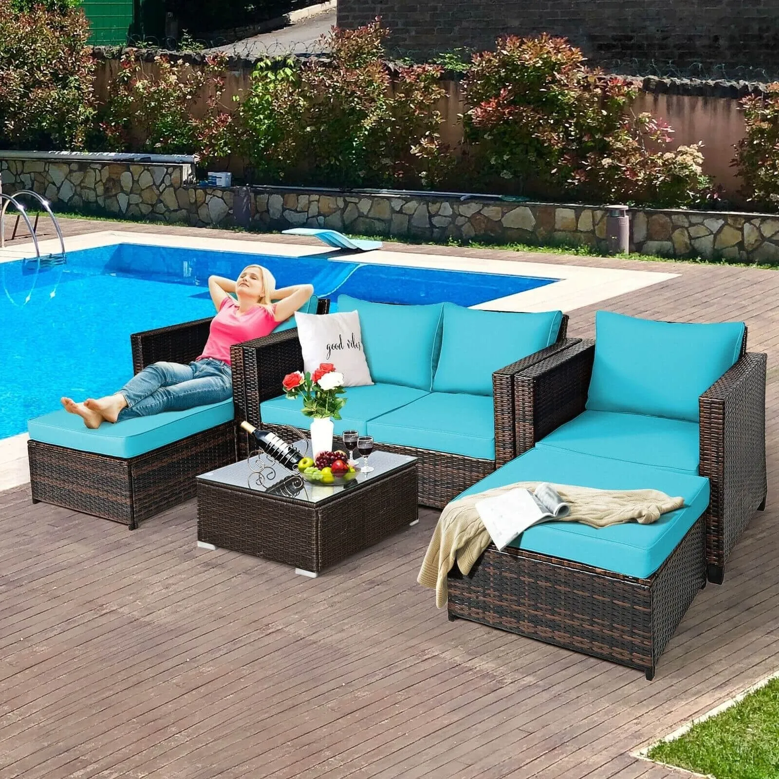 5pc Wicker Rattan Patio Cushioned Furniture Set - Turquoise