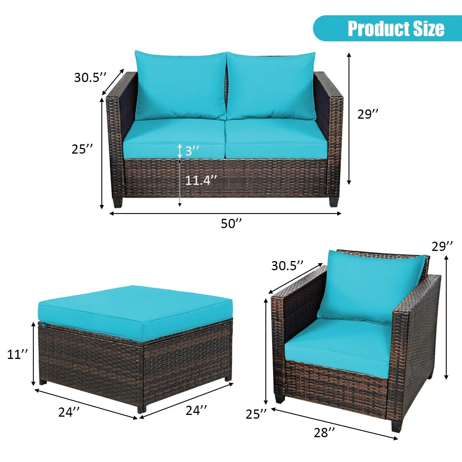 5pc Wicker Rattan Patio Cushioned Furniture Set - Turquoise