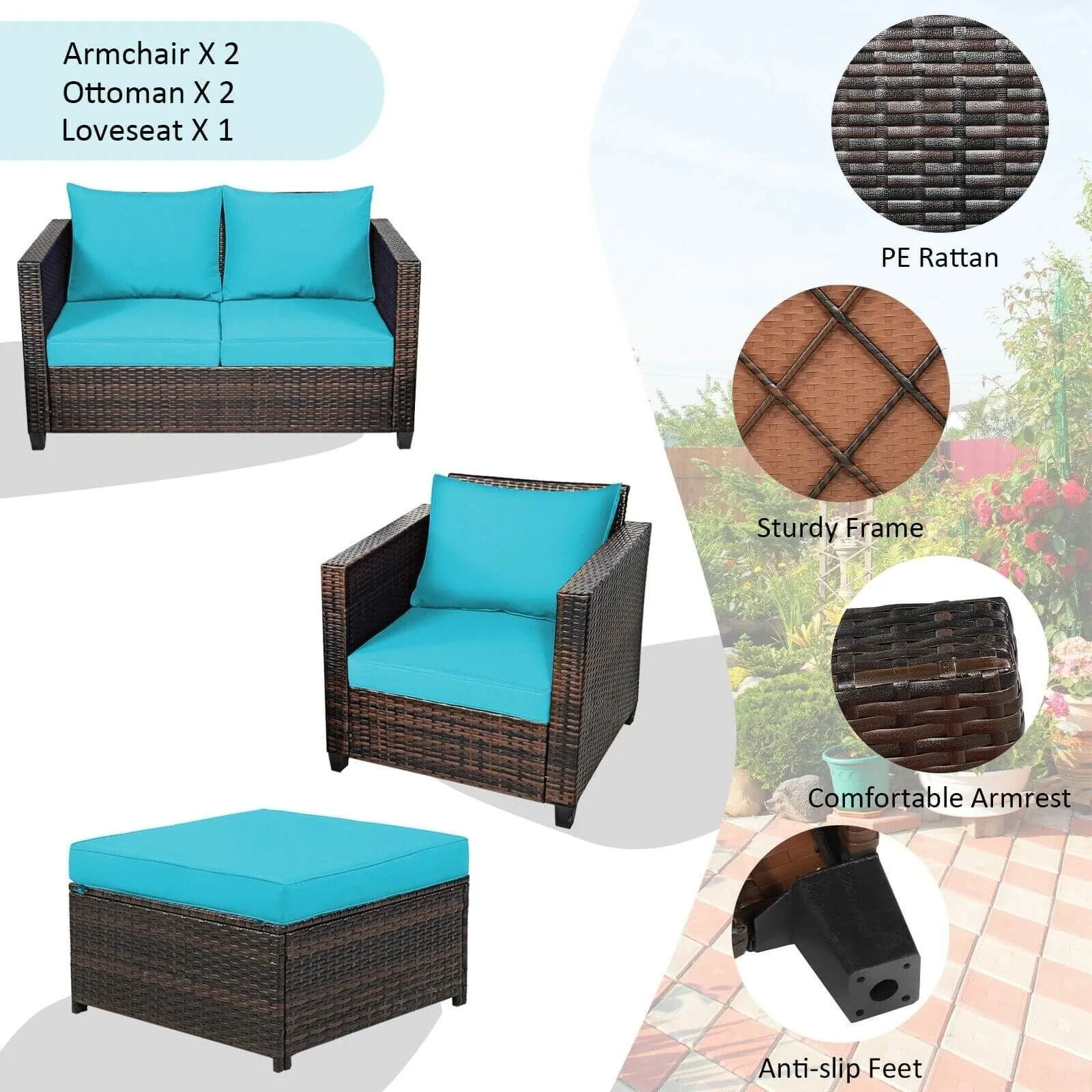 5pc Wicker Rattan Patio Cushioned Furniture Set - Turquoise
