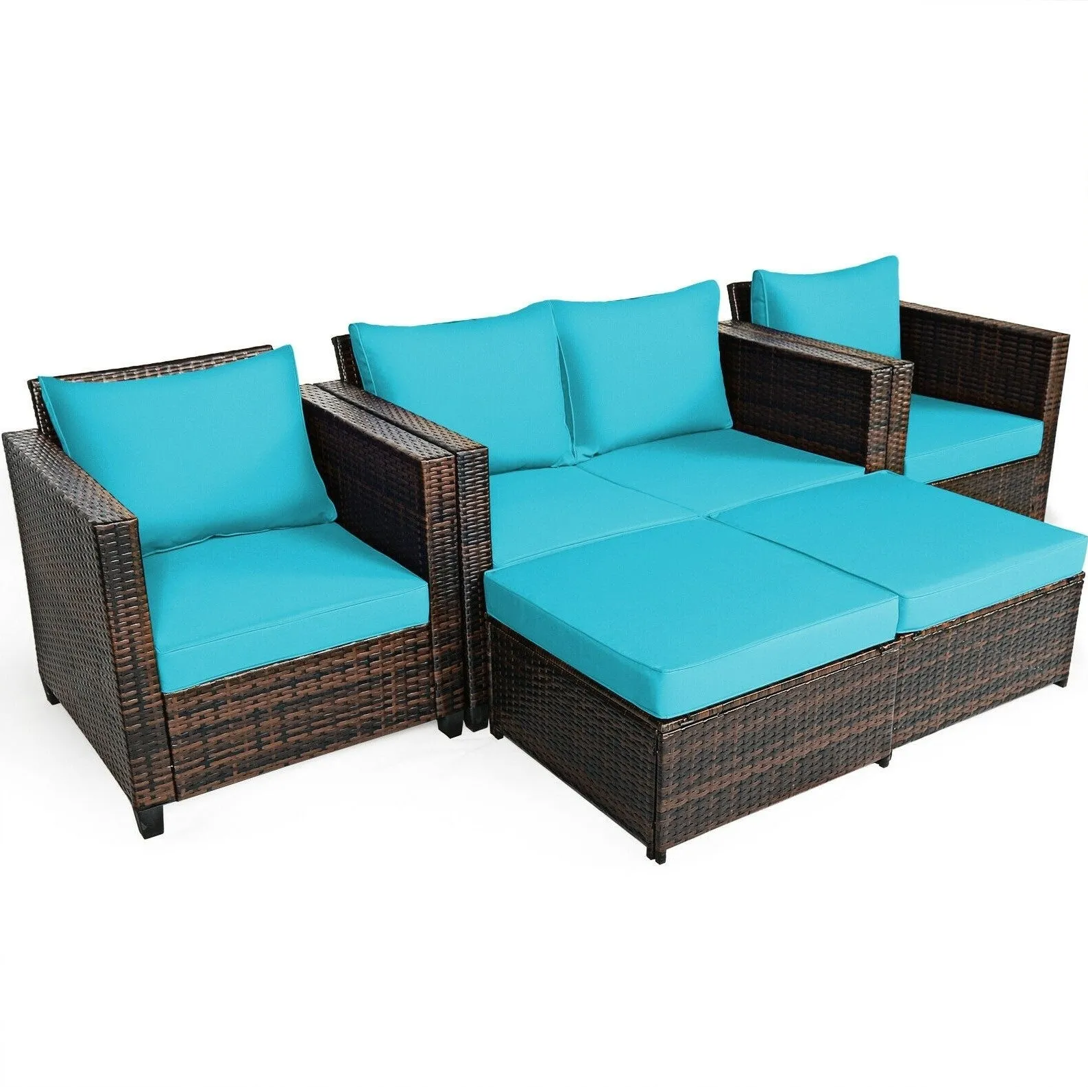 5pc Wicker Rattan Patio Cushioned Furniture Set - Turquoise