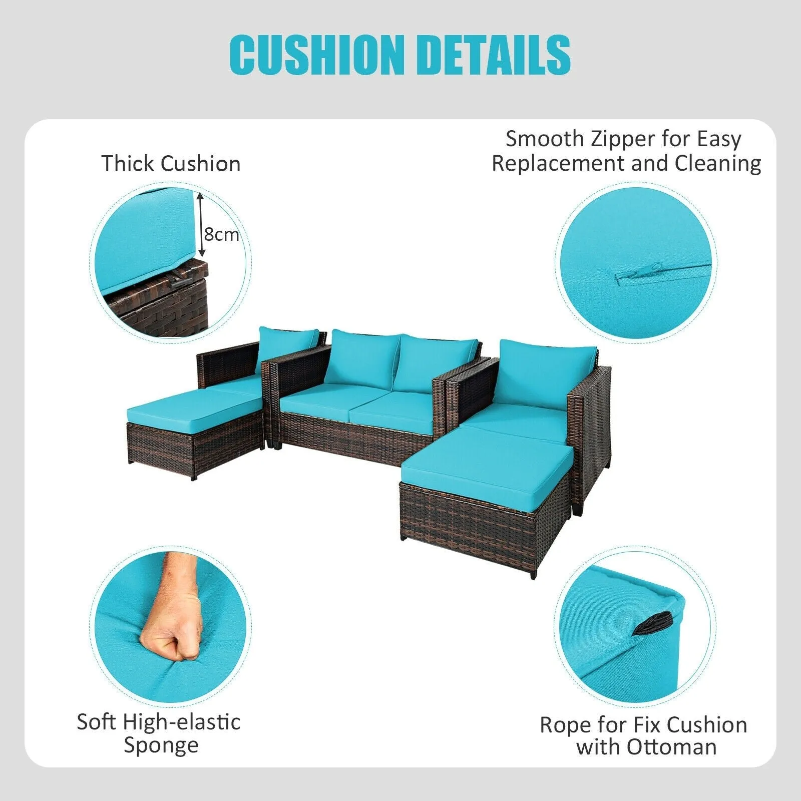 5pc Wicker Rattan Patio Cushioned Furniture Set - Turquoise