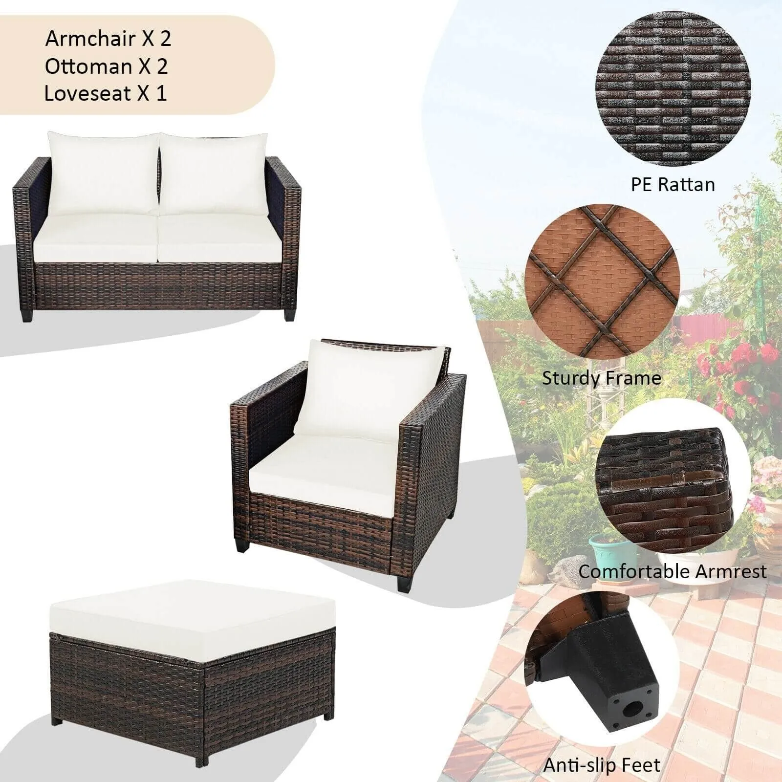 5pc Wicker Rattan Patio Cushioned Furniture Set - White