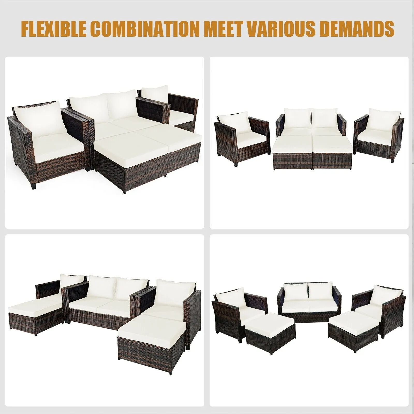 5pc Wicker Rattan Patio Cushioned Furniture Set - White