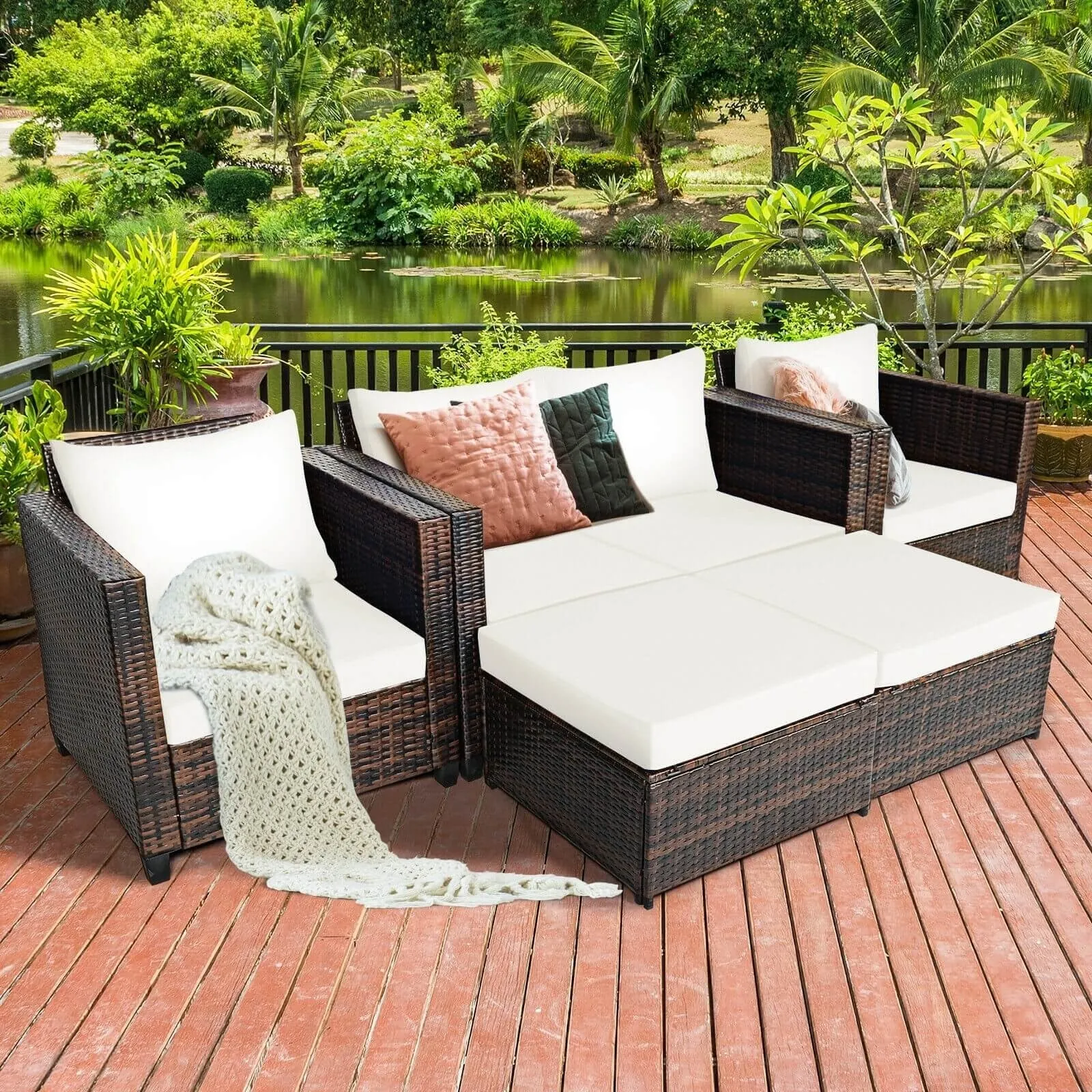 5pc Wicker Rattan Patio Cushioned Furniture Set - White