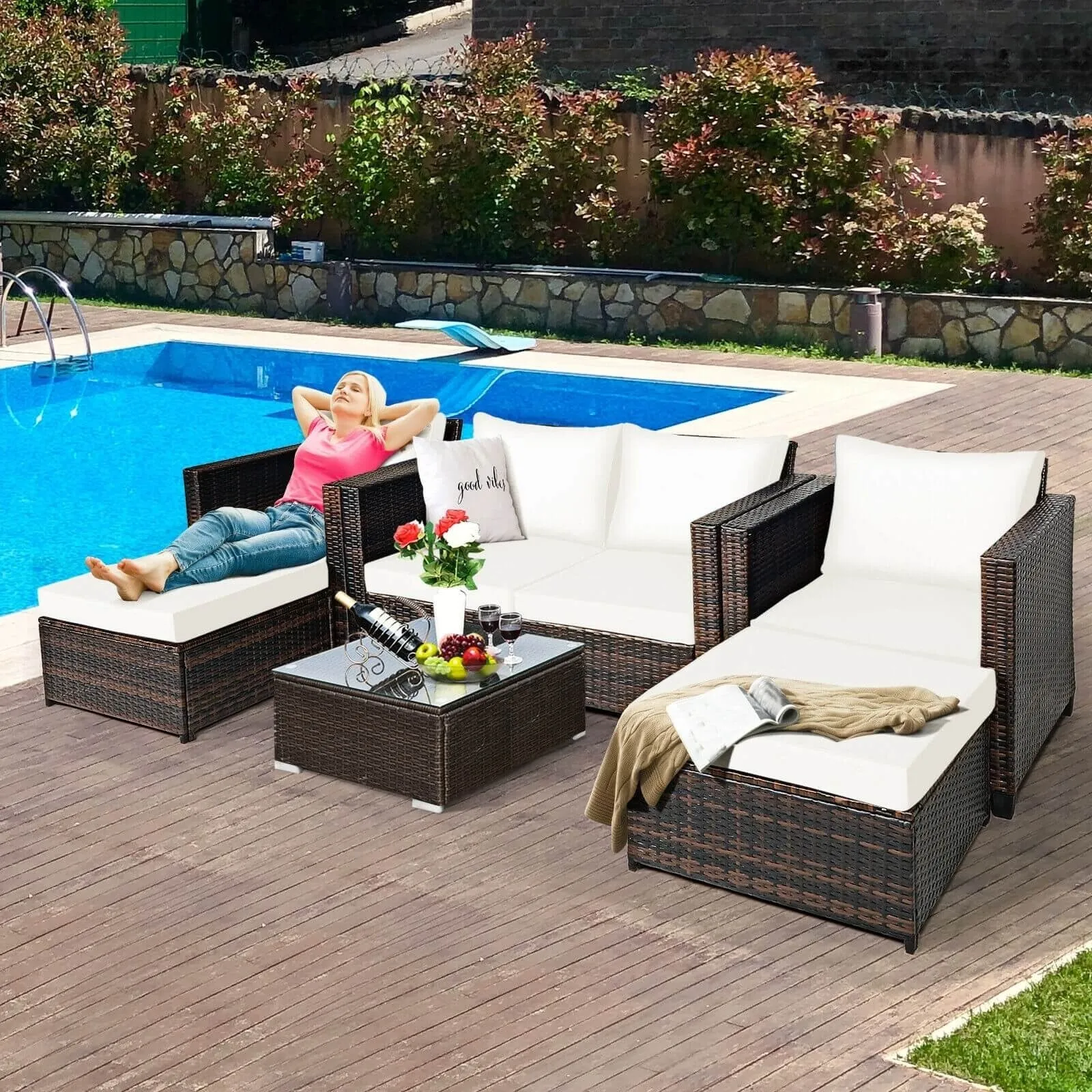 5pc Wicker Rattan Patio Cushioned Furniture Set - White