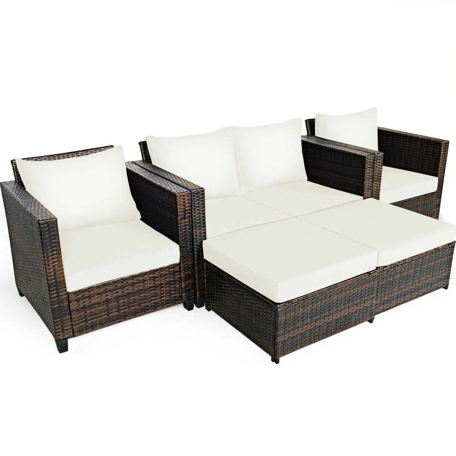 5pc Wicker Rattan Patio Cushioned Furniture Set - White
