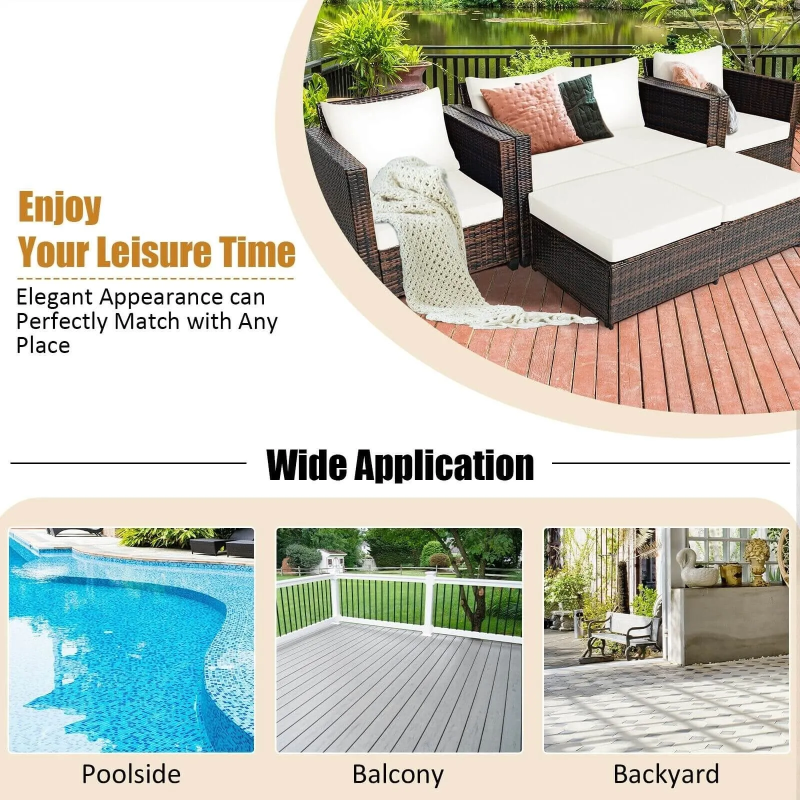 5pc Wicker Rattan Patio Cushioned Furniture Set - White